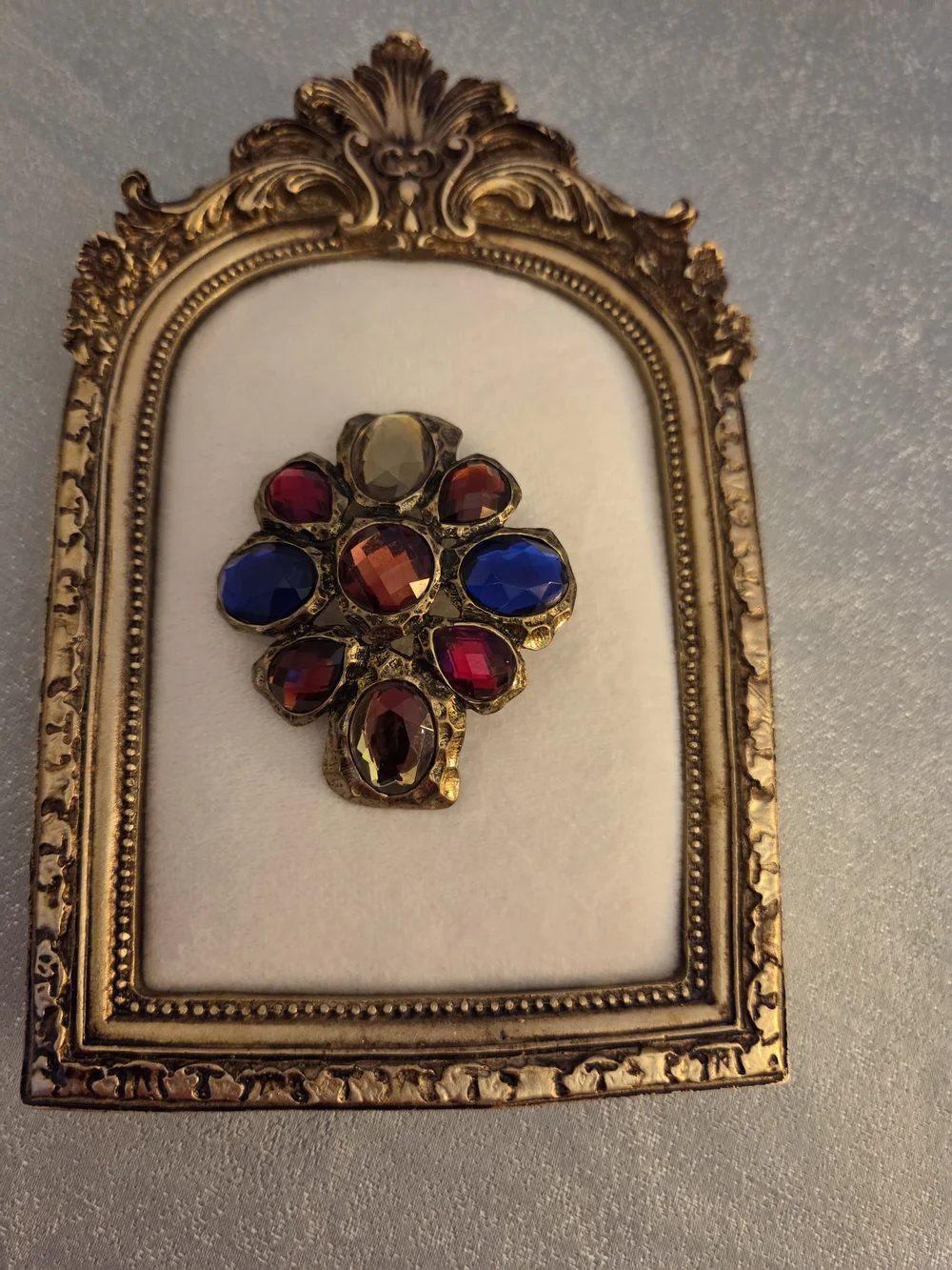 Genuine Vintage Gold-Tone Brooch/pin with Blue, Red, and Amber Glass Stone Inlay